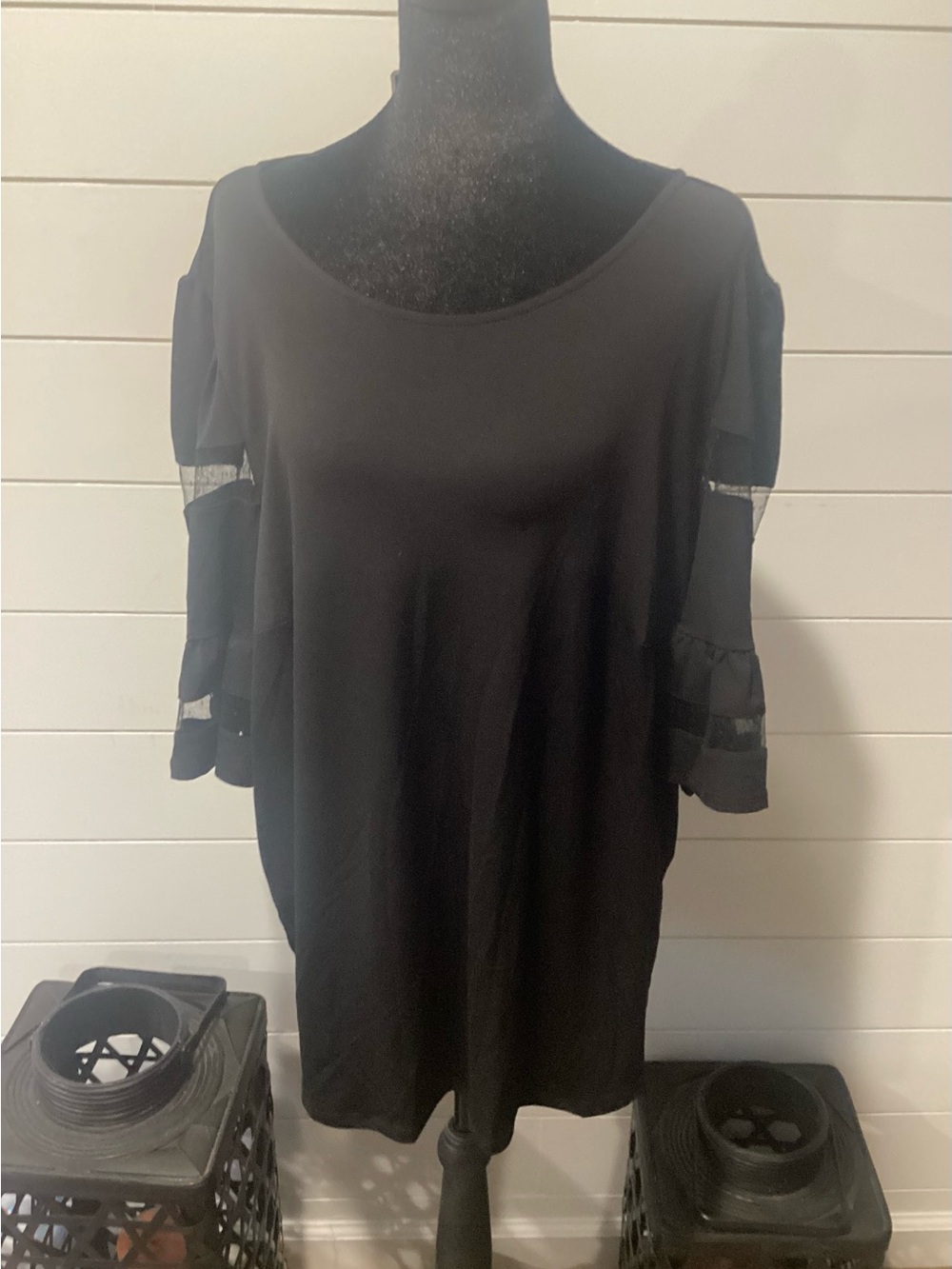 Black Cold-Shoulder Ruffle Sleeve Women's Top